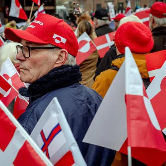 Demonstrators gather in Copenhagen, Denmark, to protest President Donald Trump's threat to take over Greenland on Jan 17, 2026.