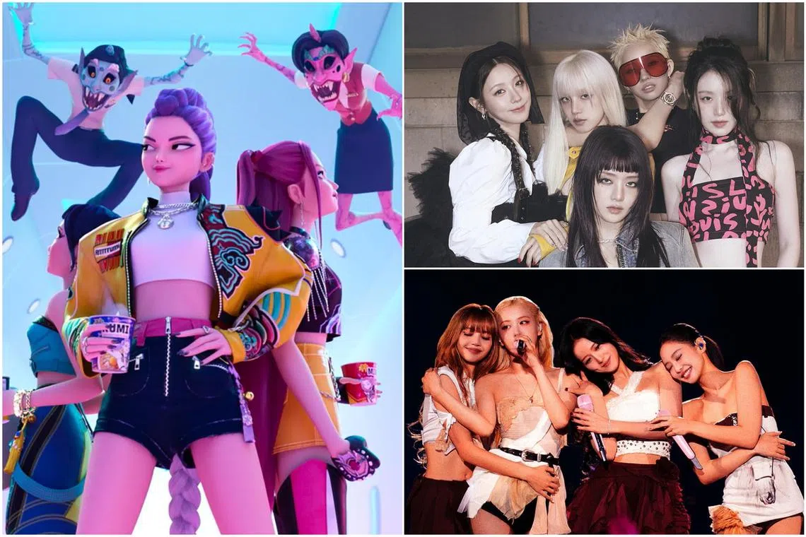 Following the popularity of KPop Demon Hunters (left), a slew of Kpop acts such as I-dle (top right) and Blackpink will be performing in Singapore.