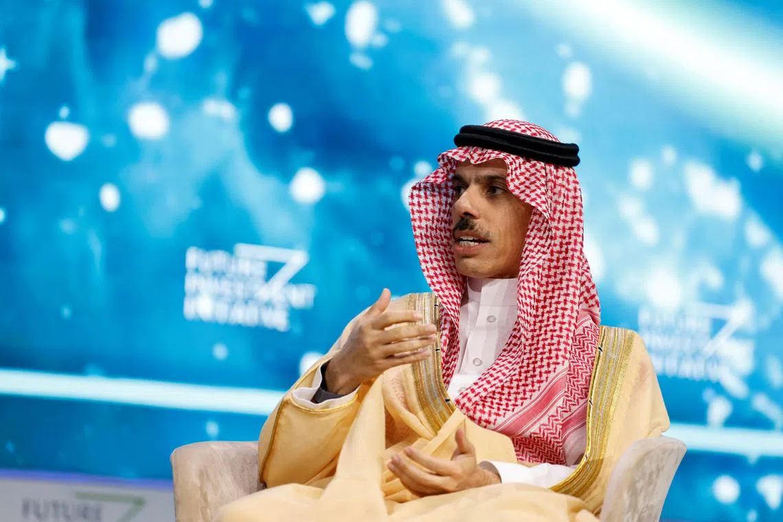FILE PHOTO: Saudi Foreign Minister Prince Faisal bin Farhan Al-Saud speaks at the Future Investment Initiative (FII) conference in Riyadh, Saudi Arabia, October 31, 2024. REUTERS/Hamad I Mohammed/File Photo
