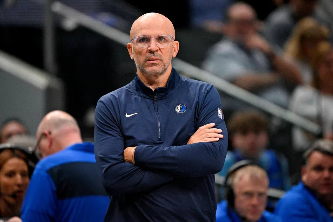 FILE PHOTO: Mar 31, 2025; Dallas, Texas, USA; Dallas Mavericks head coach Jason Kidd looks on during the first quarter against the Brooklyn Nets at the American Airlines Center. Mandatory Credit: Jerome Miron-Imagn Images/File Photo