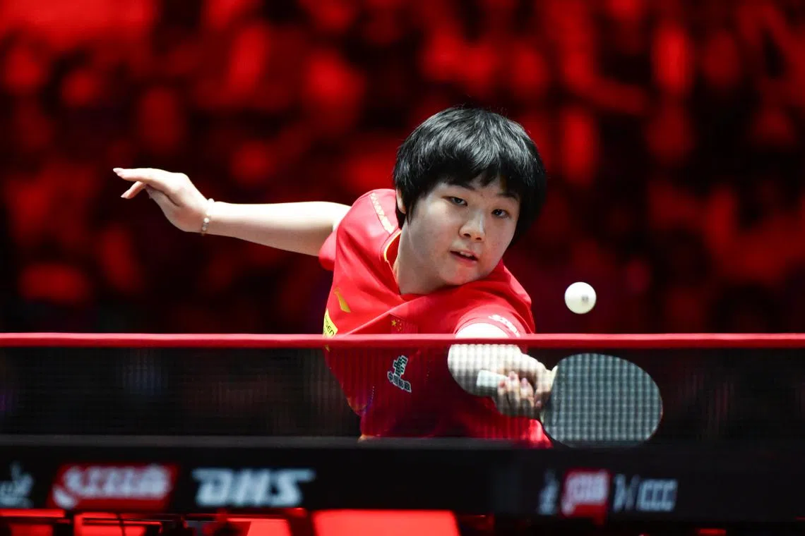 China's Kuai Man beat doubles partner Wang Manyu in the women's singles round of 16 Singapore Smash 2025 at the OCBC Arena on Feb 6, 2025. 