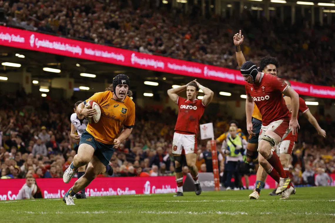FILE PHOTO: Rugby Union - International - Wales v Australia - Principality Stadium, Cardiff, Wales, Britain - November 26, 2022 Australia's Lachlan Lonergan scores their fourth try Action Images via Reuters/Andrew Couldridge/File Photo