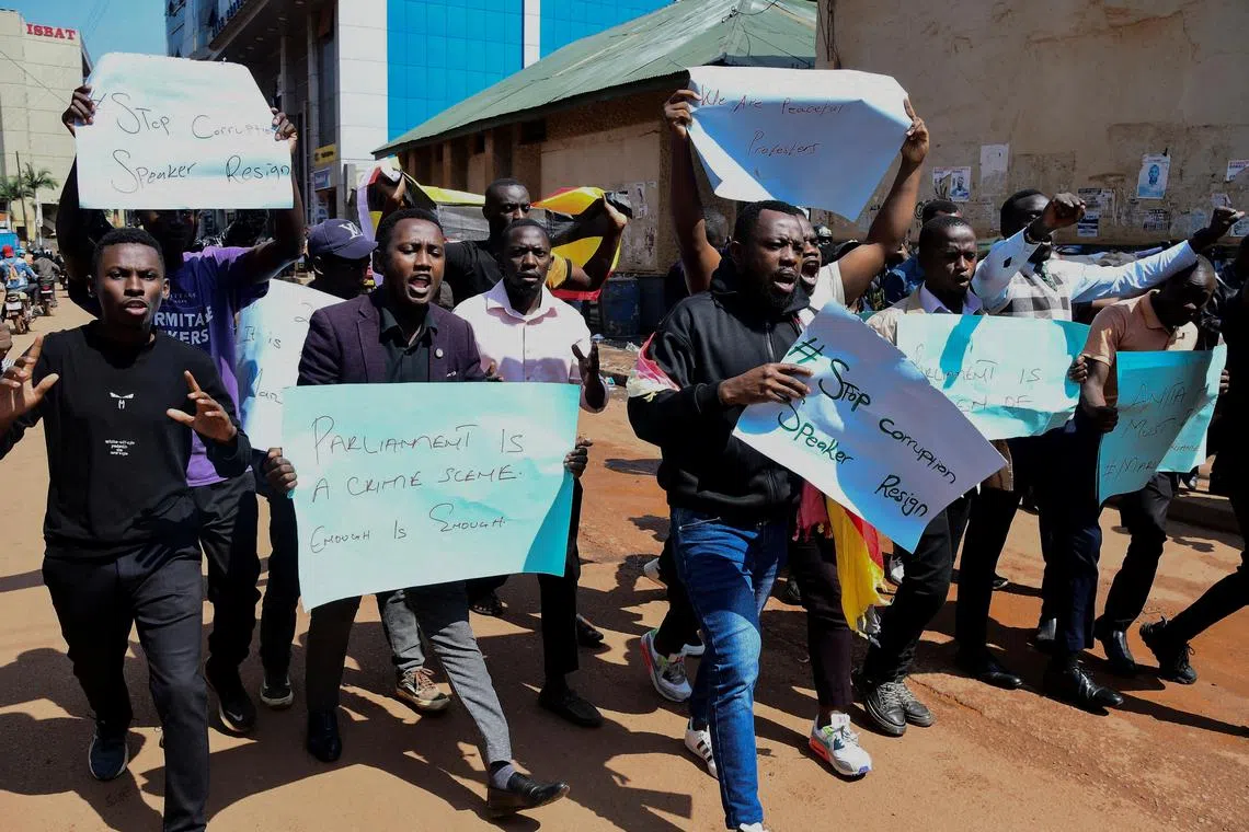 FILE PHOTO: Protestors chant slogans during a rally against what they say are rampant corruption and human rights abuses by the country's rulers in Kampala, Uganda July 23, 2024. REUTERS/Michael Muhati/File Photo