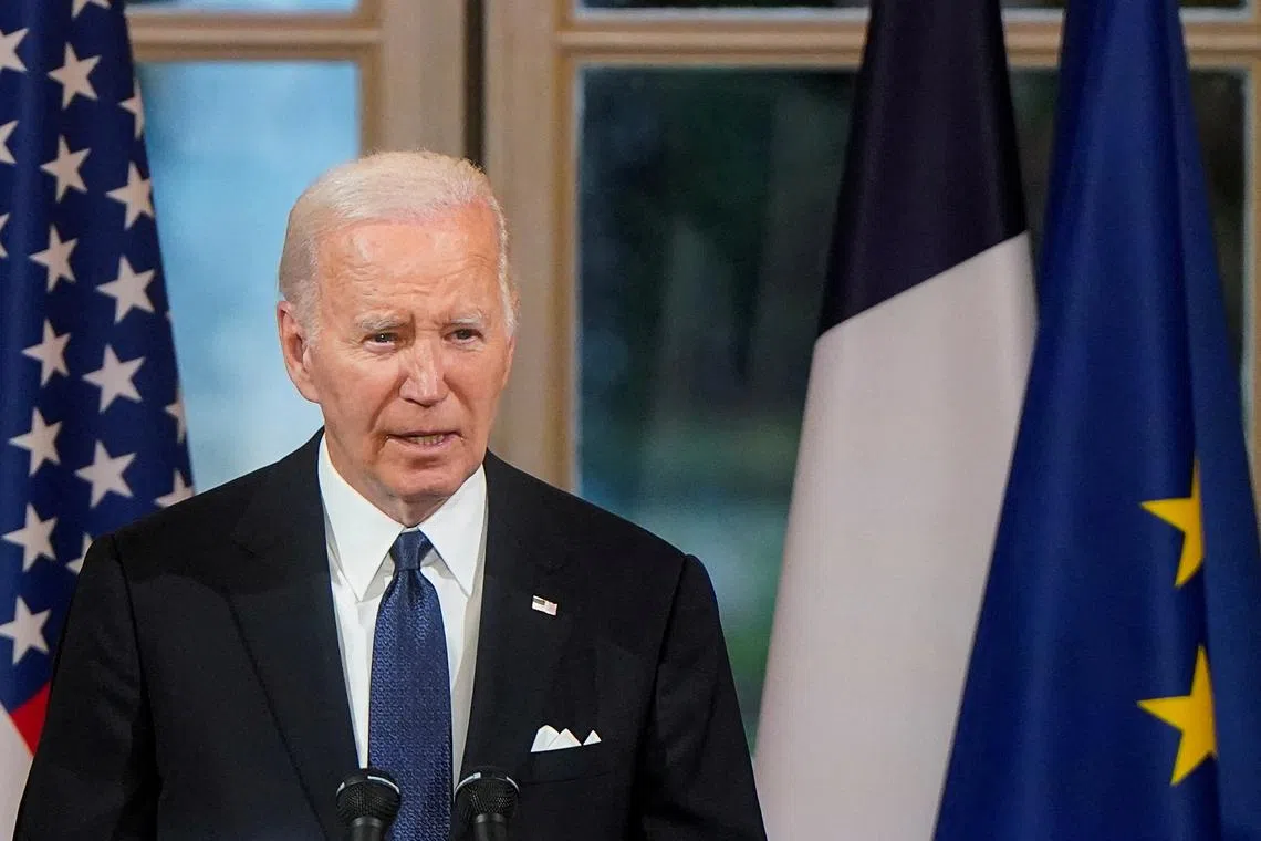 FILE PHOTO: U.S. President Joe Biden speaks at a state dinner held in his honor by French President Emmanuel Macron (not pictured), at the Elysee Palace, in Paris, France  June 8, 2024. REUTERS/Elizabeth Frantz/File Photo