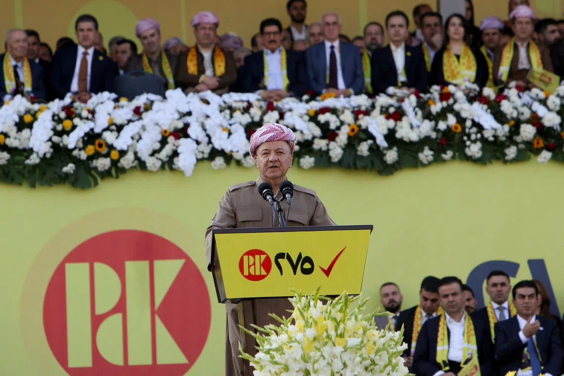 Leader of the Kurdistan Democratic Party (PDK) Masoud Barzani speaks during a rally ahead of the upcoming Iraqi parliamentary elections at Franso Hariri Stadium in Erbil, Iraq, November 7, 2025. REUTERS/Azad Lashkari