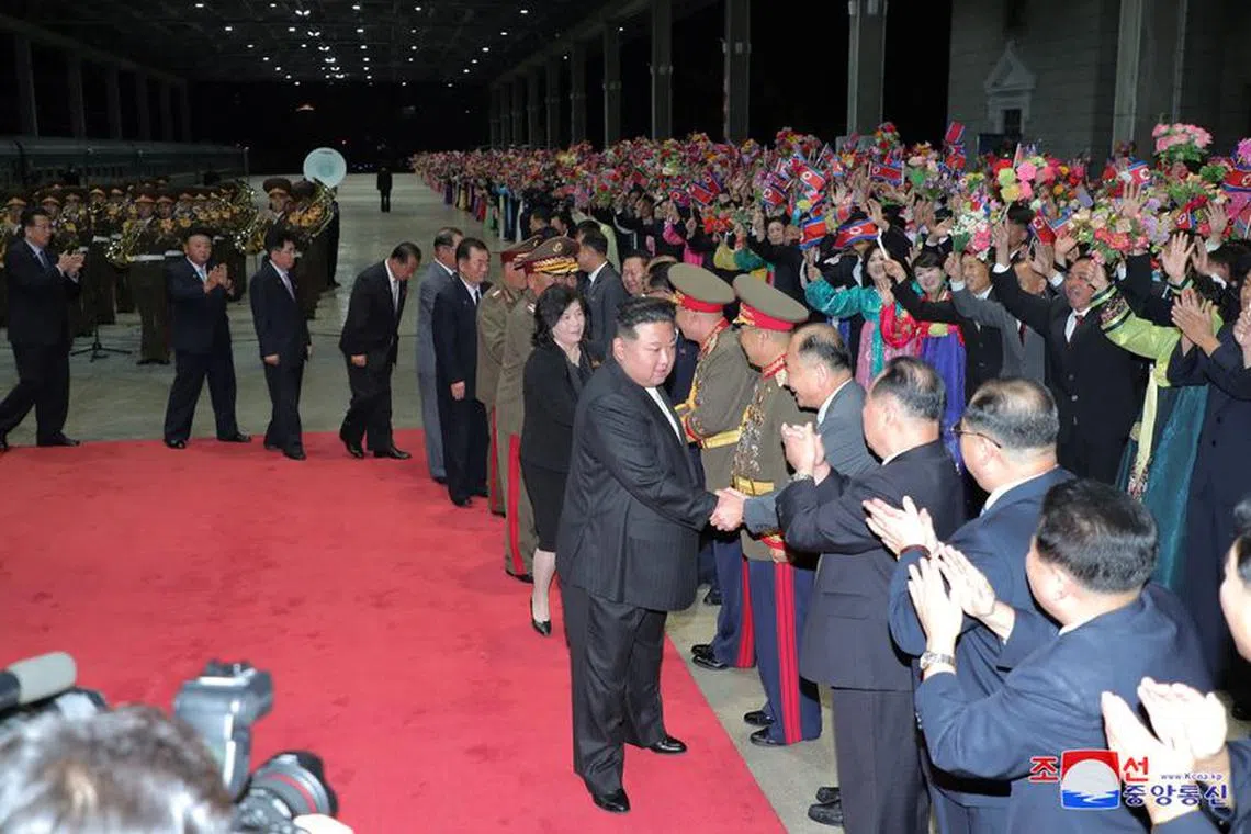 North Korean leader Kim Jong Un is welcomed as he returns to Pyongyang, North Korea, in this picture released by the Korean Central News Agency on September 20, 2023. KCNA via REUTERS
