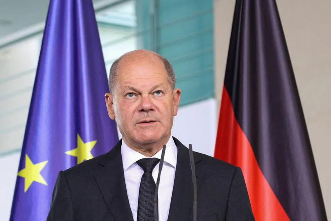 German Chancellor Olaf Scholz comments on the situation in the Middle East, one day after Hamas' attacks on Israel, in the chancellery, Berlin, Germany, October 8, 2023.   REUTERS/Liesa Johannssen/File Photo