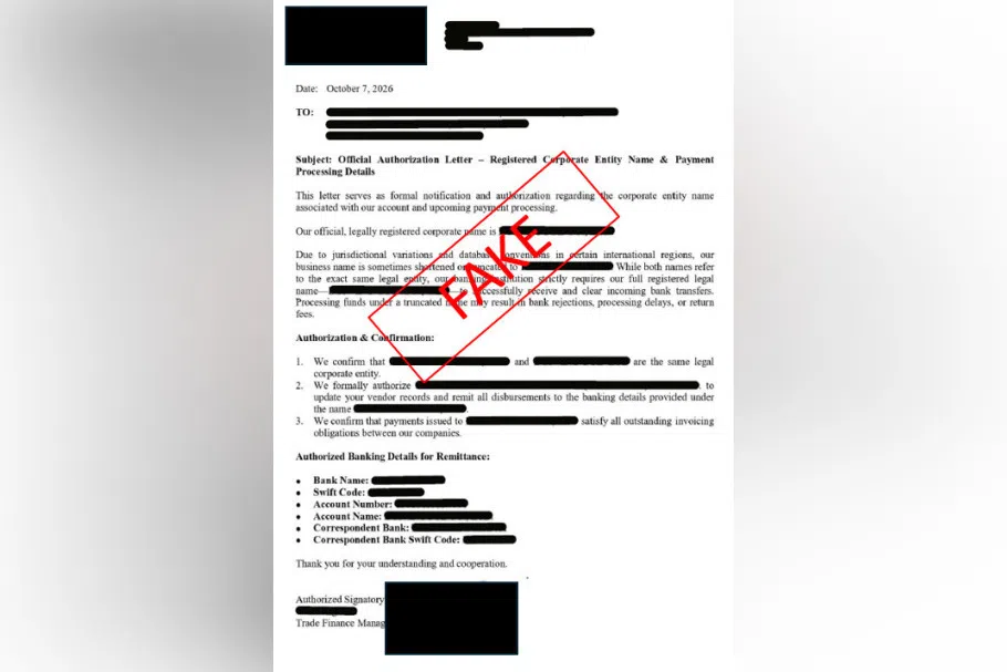 The company first received an e-mail from a business partner’s address on Oct 1 with new instructions directing payment to a new bank account.