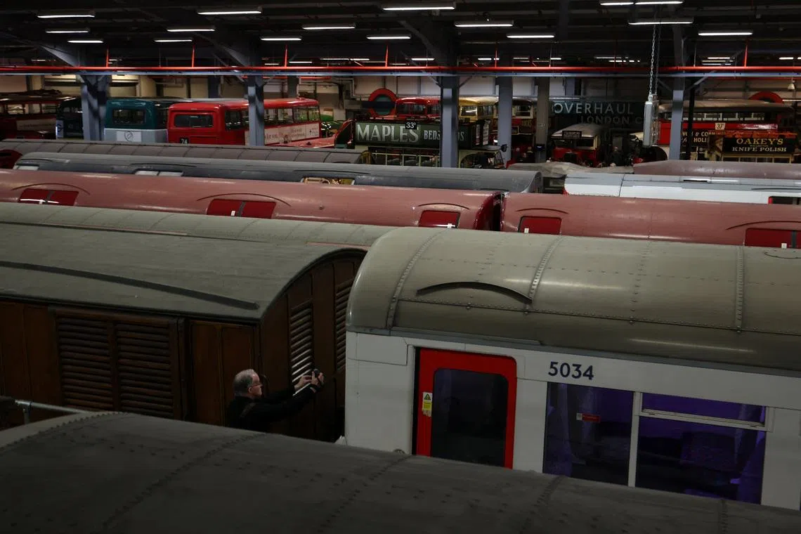 Disused London Underground trains on display at the London Transport Museum’s Depot on April 10. Strikes are being planned by train network staff this week.