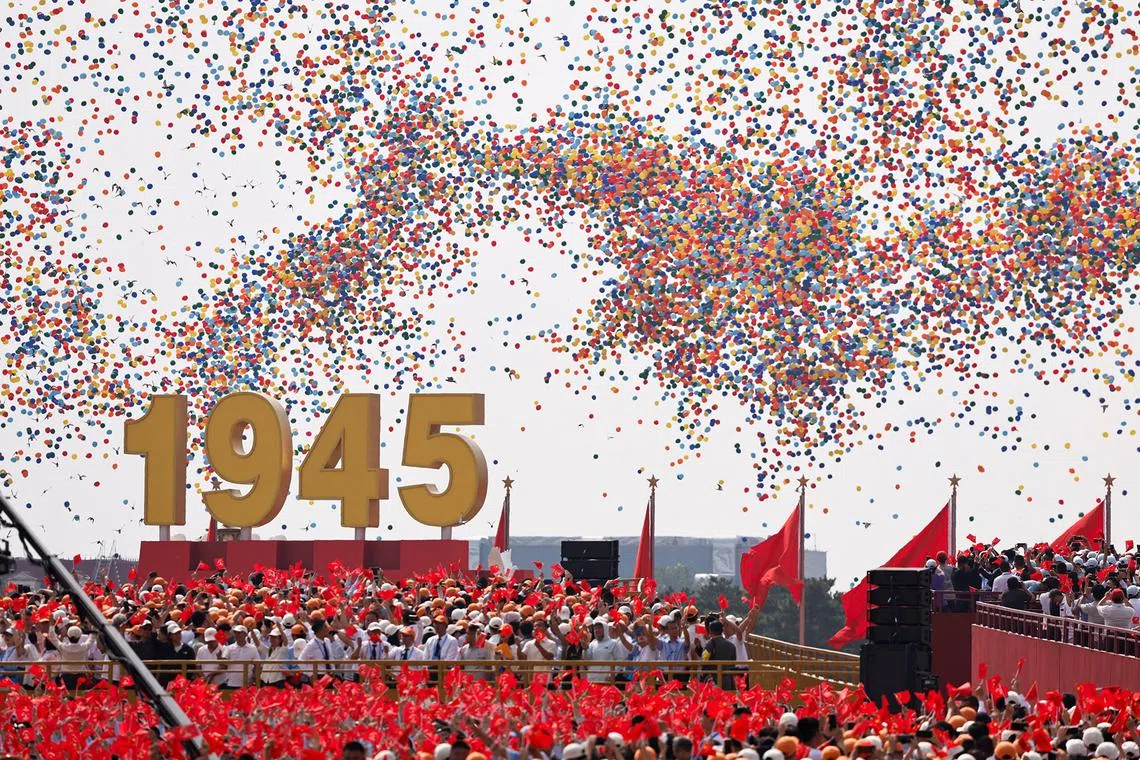 Balloons are released during a military parade marking the 80th anniversary of victory over Japan and the end of World War II, in Beijing’s Tiananmen Square, China, on Sept 3, 2025. 