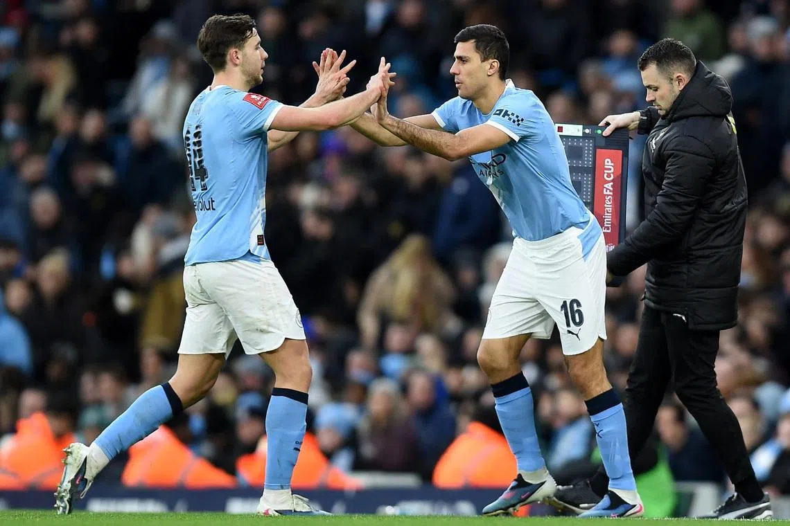 Soccer Football -  FA Cup - Fourth Round - Manchester City v Salford City - Etihad Stadium, Manchester, Britain - February 14, 2026 Manchester City's Rodri comes on as a substitute to replace Nico Gonzalez. REUTERS/Peter Powell