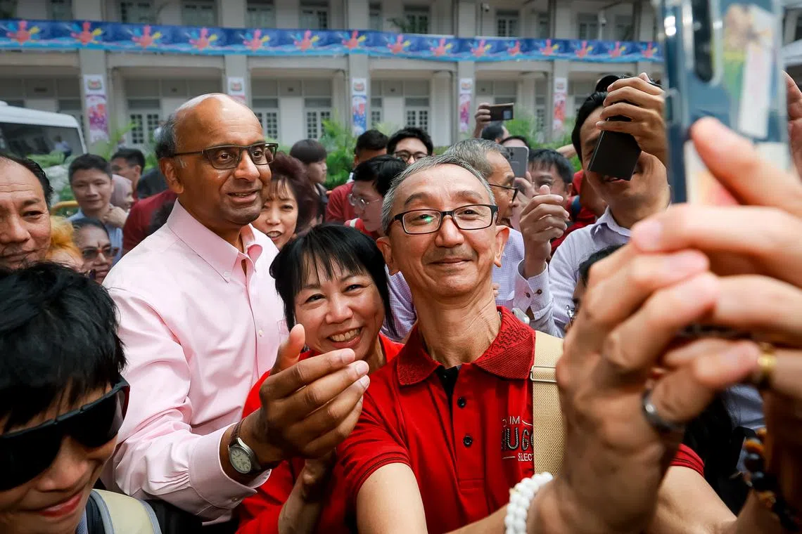 Tharman Shanmugaratnam greeting his supporters at the nomination centre held at the People’s Association Headquarters at Jalan Besar, Aug 22, 2023.
