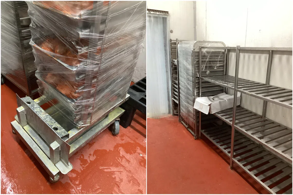 A dirty food trolley (left) and dirty racks in Gourmetz's central kitchen.