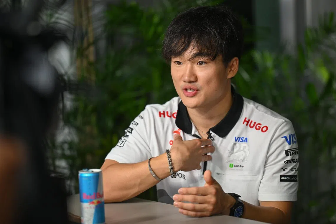 [NOTE: F1 photos are for editorial use only and NOT for sale.]
RB VISA driver Yuki Tsunoda speaking during an interview at the F1 Pit Building on Sept 19, 2024.
