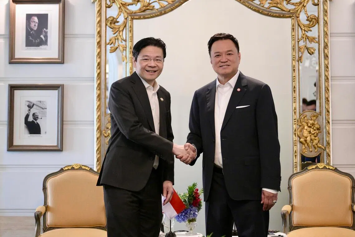 PM Lawrence Wong met his Thai counterpart Anutin Charnvirakul at the  Mandarin Oriental Hotel, Bangkok, on Sept 2, for the Singapore-Thailand Leaders’ Retreat.