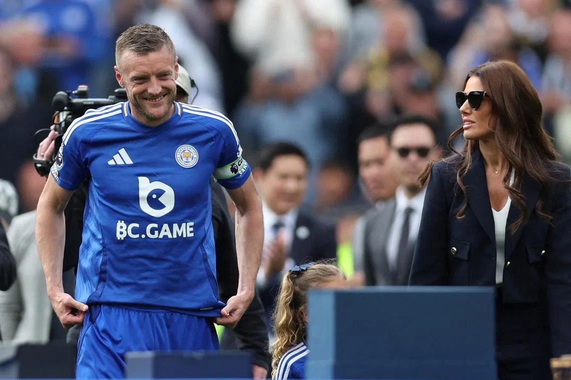 Leicester City's Jamie Vardy with his family on the pitch in May 2025, during a presentation after his last match for Leicester City.