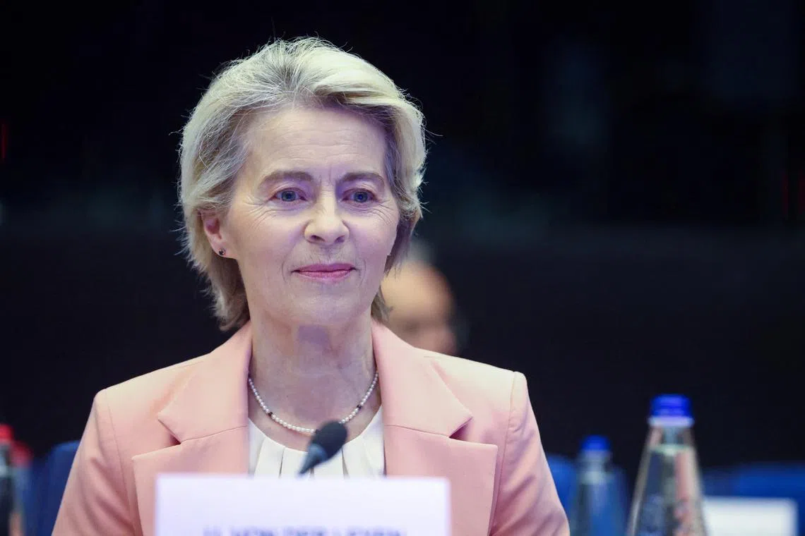 European Commission President Ursula von der Leyen looks on, on the day she meets with the European Parliament's Conference of Presidents to discuss the suggested structure and portfolios of the College of Commissioners in Strasbourg, France September 17, 2024. REUTERS/Johanna Geron