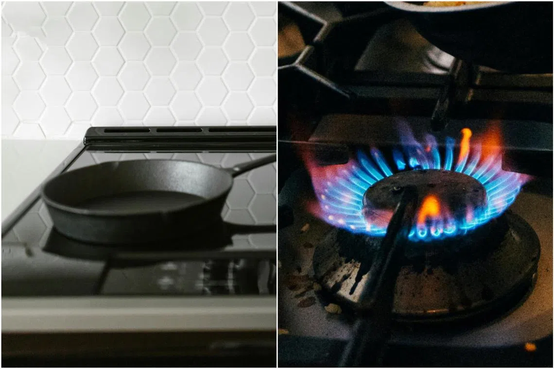 An induction stove (left) uses electromagnetic fields to directly heat cookware. The gas stove (right) is powered by gas and uses fire to heat or cook food.