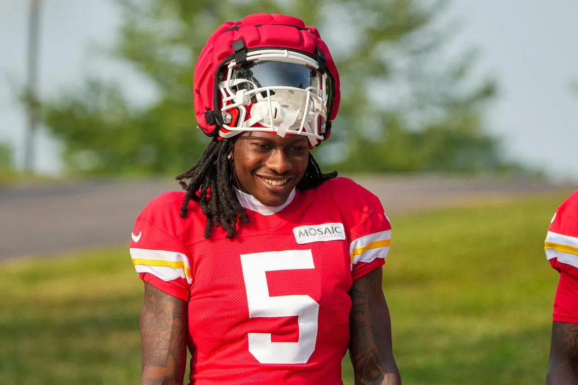 Jul 26, 2024; Kansas City, MO, USA; Kansas City Chiefs wide receiver Marquise ÒHollywoodÓ  Brown (5) walks down the hill from the locker room to the fields during training camp at Missouri Western State University. Mandatory Credit: Denny Medley-USA TODAY Sports/ File Photo