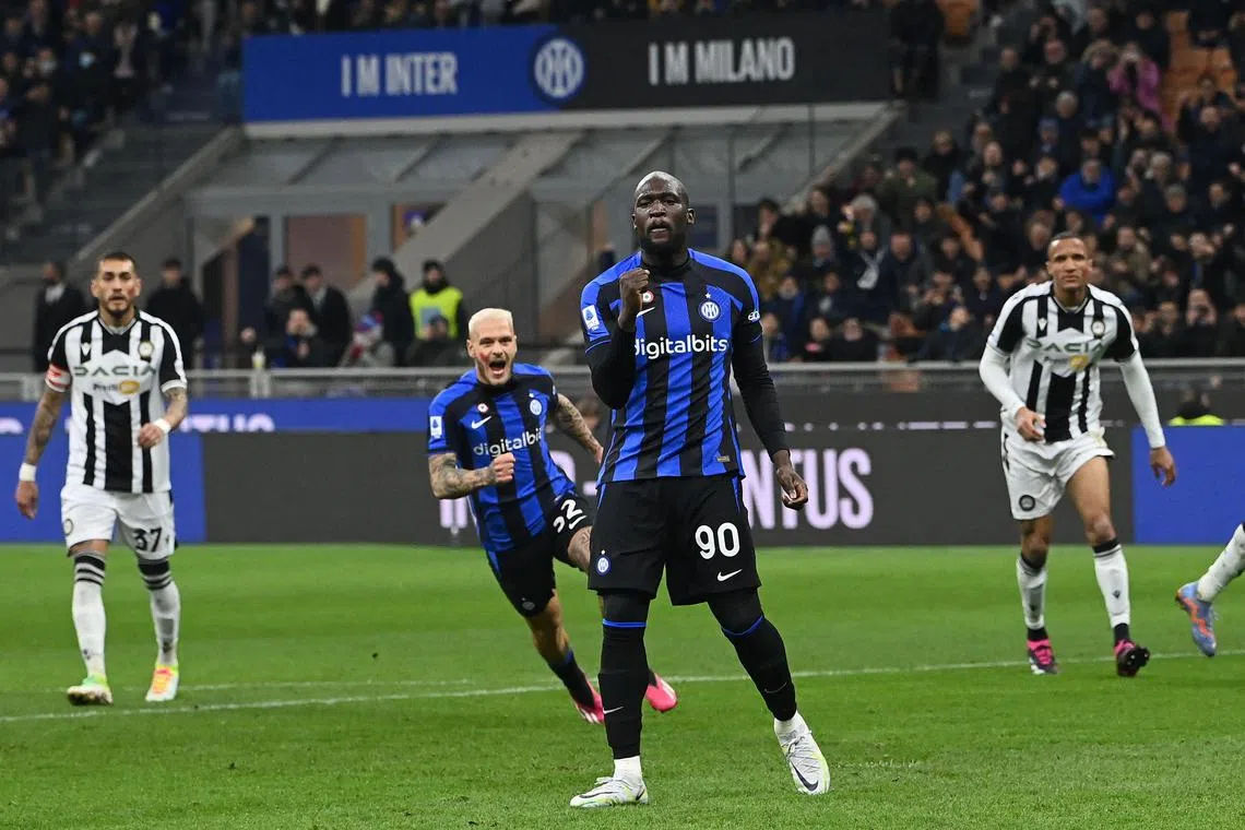 Inter Milan's Romelu Lukaku celebrates after scoring his team's first goal in the 3-1 Serie A win over Udinese.