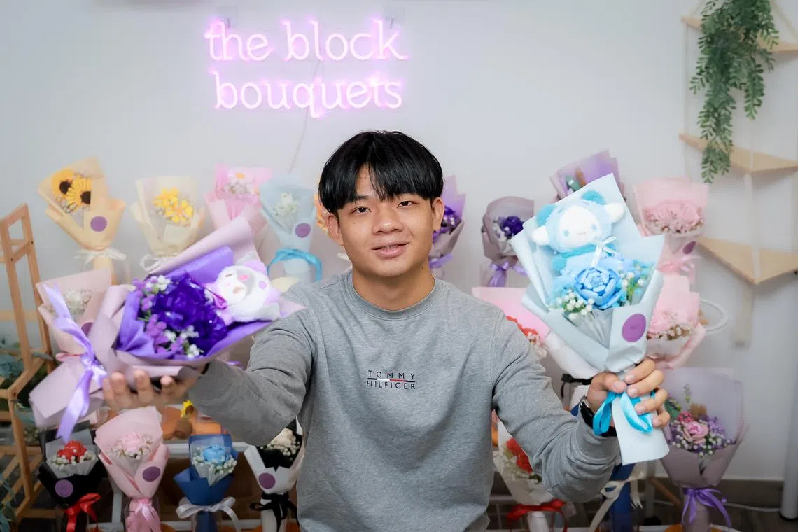 Mr Brent Ng started The Block Bouquets in May 2022, a month after making his first floral block arrangement. 