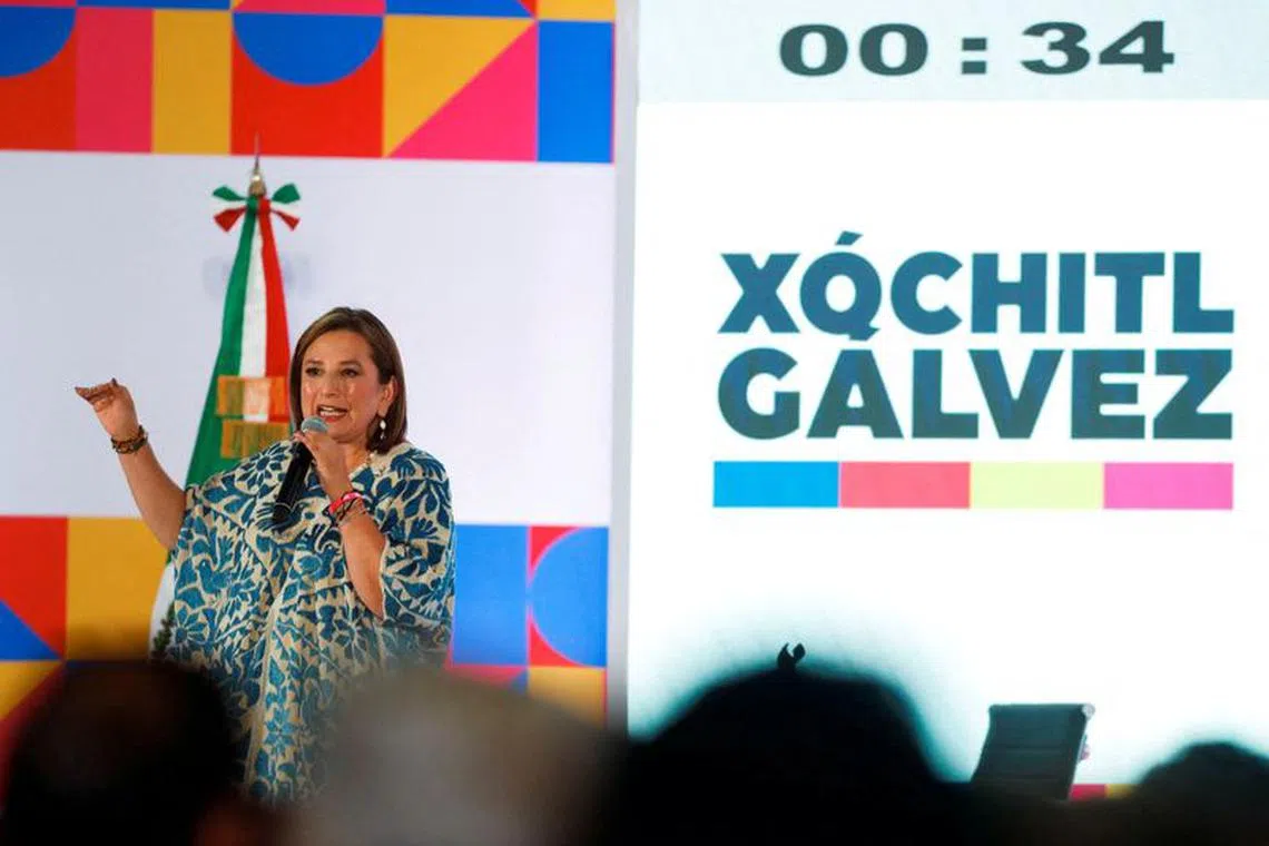 FILE PHOTO: Mexican Senator Xochitl Galvez speaks during a private event as she pursues the opposition alliance's candidacy for the 2024 presidential election, in Monterrey, Mexico, August 19, 2023. REUTERS/Daniel Becerril/File Photo