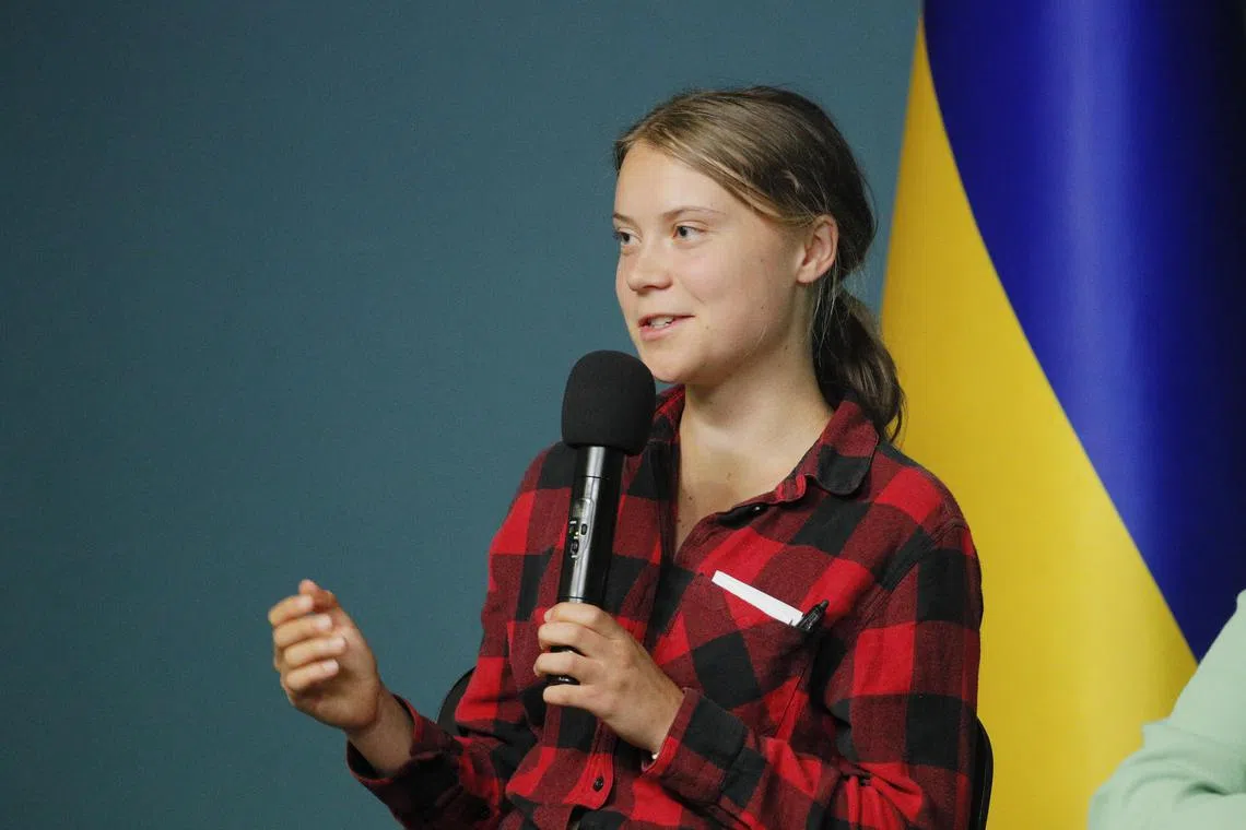 epa10717890 Swedish environmental activist Greta Thunberg addresses a press briefing on the results of the first meeting of the newly created international working group on environmental crimes of Russia, in Kyiv (Kiev), Ukraine, 29 June 2023. The international working group focuses on several areas, including the assessment of the damage caused by Russia to the environment, responsibility for ecocide and other crimes against the environment, and environmental recovery, according to a statement by the Presidency of Ukraine. Russian troops entered Ukrainian territory in February 2022, starting a conflict that has provoked destruction and a humanitarian crisis.  EPA-EFE/SERGEY DOLZHENKO