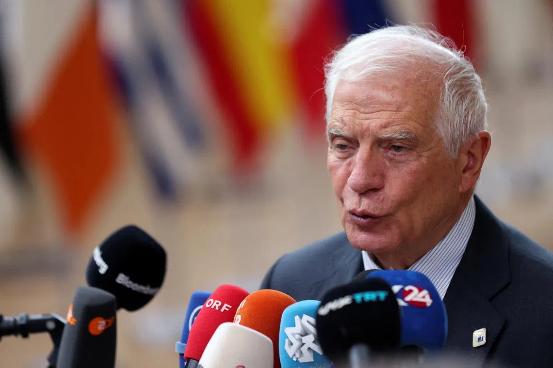 European Union foreign policy chief Josep Borrell speaks to the media, as he attends a European Union leaders' summit in Brussels, Belgium, June 27, 2024. REUTERS/Johanna Geron/File Photo