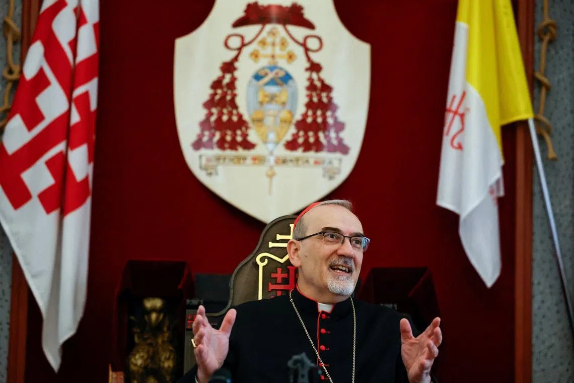FILE PHOTO: Latin Patriarch of Jerusalem Archbishop Pierbattista Pizzaballa speaks during a press conference at the patriarchate headquarters in the old city of Jerusalem May 13, 2025. REUTERS/Ammar Awad/File Photo