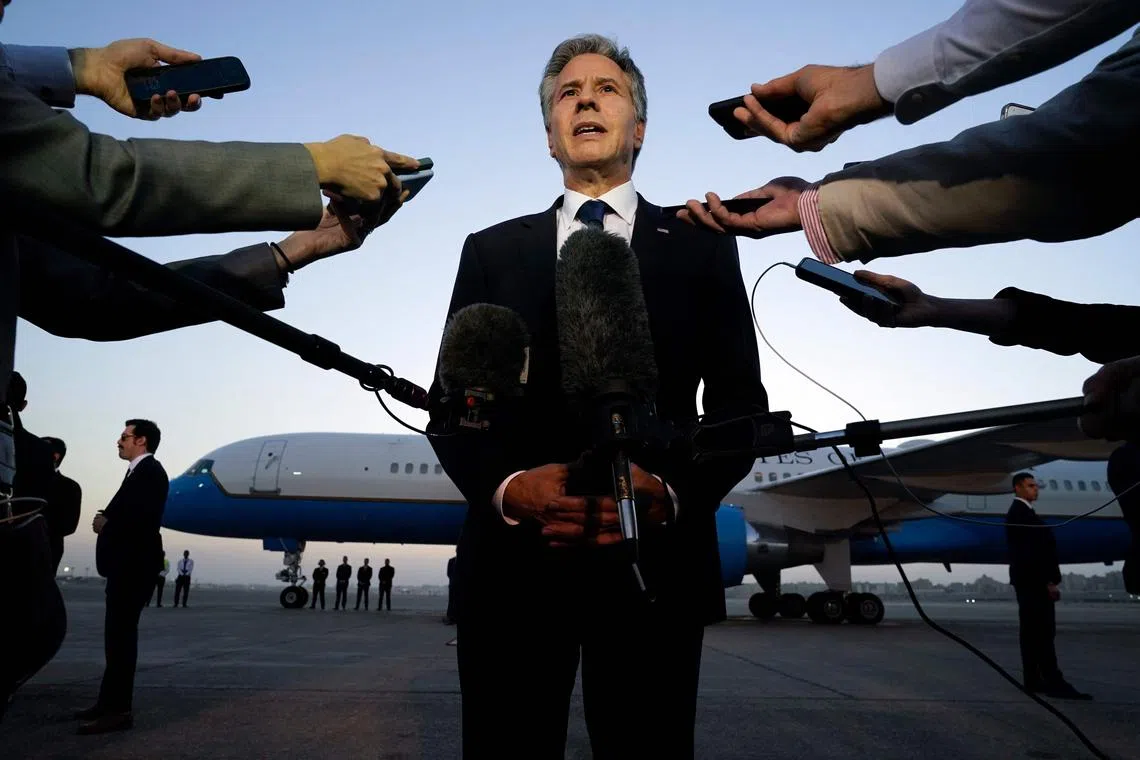 US Secretary of State Antony Blinken speaks to the media before boarding his plane in Cairo, en route to Jordan.