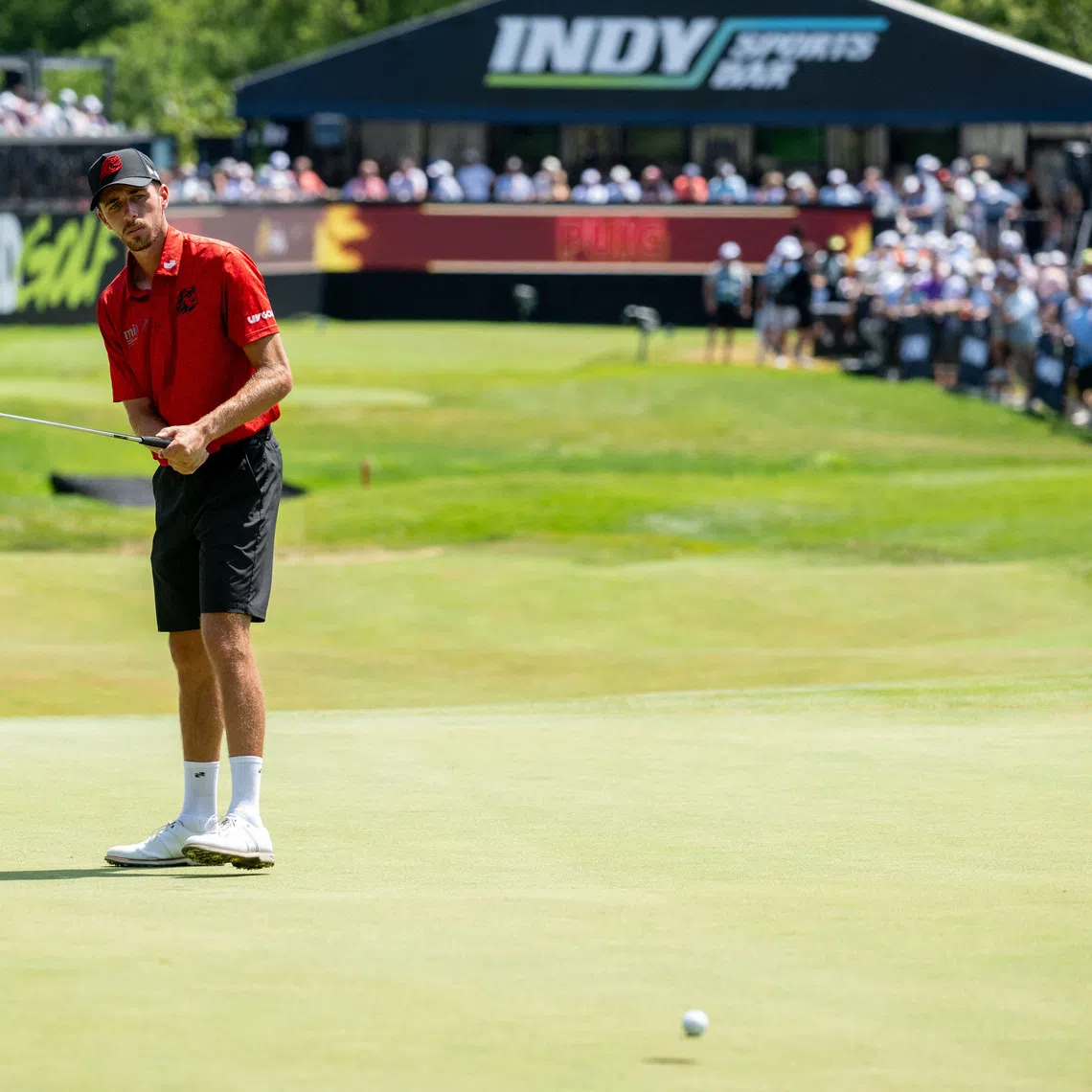 Aug 17, 2025; Indianapolis,IN, United States; David Puig Fireballs GC misses a putt on the 11th hole during the final round of LIV Golf Indianapolis. Mandatory Credit: Marc Lebryk-Imagn Images