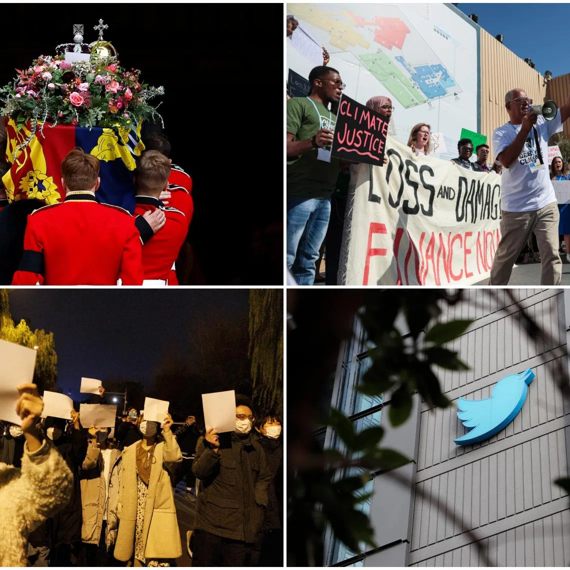 (Clockwise from top left) The death of Queen Elizabeth II, COP27's loss and damage fund, Twitter's blue tick and the Covid-19 protests in China were among the significant events of 2022.