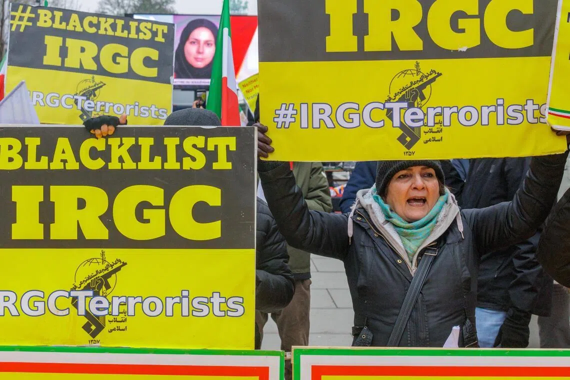 People protesting in Brussels, Belgium, against the Iranian government on Jan 29.
