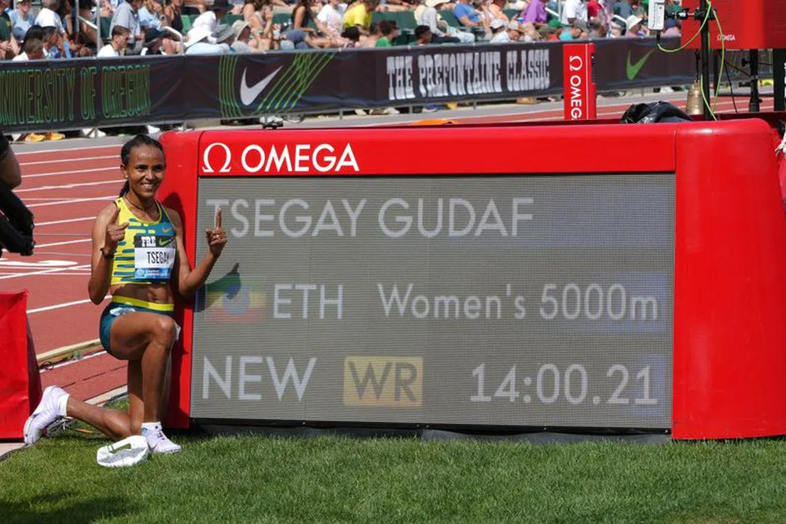 Sep 17, 2023; Eugene, OR, USA; Gudaf Tsegay (ETH) wins the women's 5,000m in a world record 14:00.21 during the Prefontaine Classic at Hayward Field. Mandatory Credit: Kirby Lee-USA TODAY Sports
