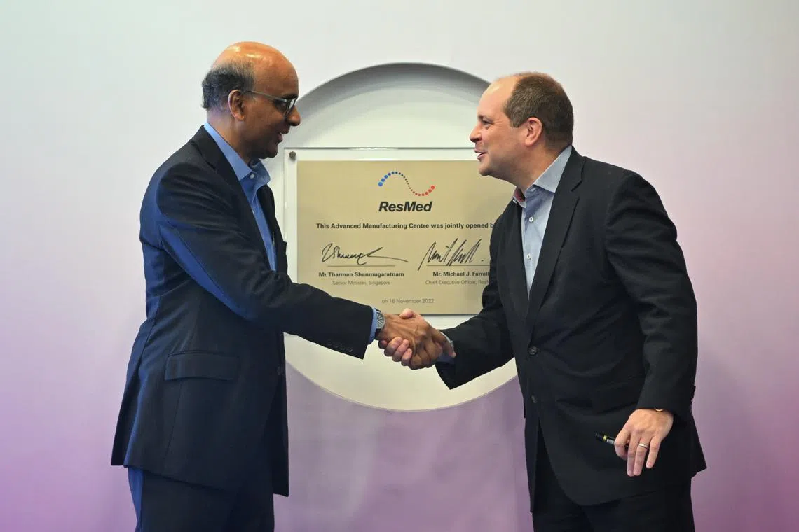 Slug: cctuas
ST PHOTO: Chong Jun Liang

From left: SM Tharman Shanmugaratnam and Michael Farrell, Chairman of ResMed jointly opened the ResMed Advanced Manufacturing Center on November 16, 2022. 


Opening of the new ResMed Advanced Manufacturing Center in Tuas. ResMed Singapore has been an epicenter for pioneering innovative sleep solutions and addressing global manufacturing demands. Event will be officiated by Senior Minister, Tharman Shanmugaratnam and attended by Australia’s High Commissioner to Singapore, William Hodgman and US Ambassador to Singapore, Jonathan Kaplan. ResMed’s Global CEO, Mick Farrell and President of Global Operations, Andrew Price, will also be speaking at the event.