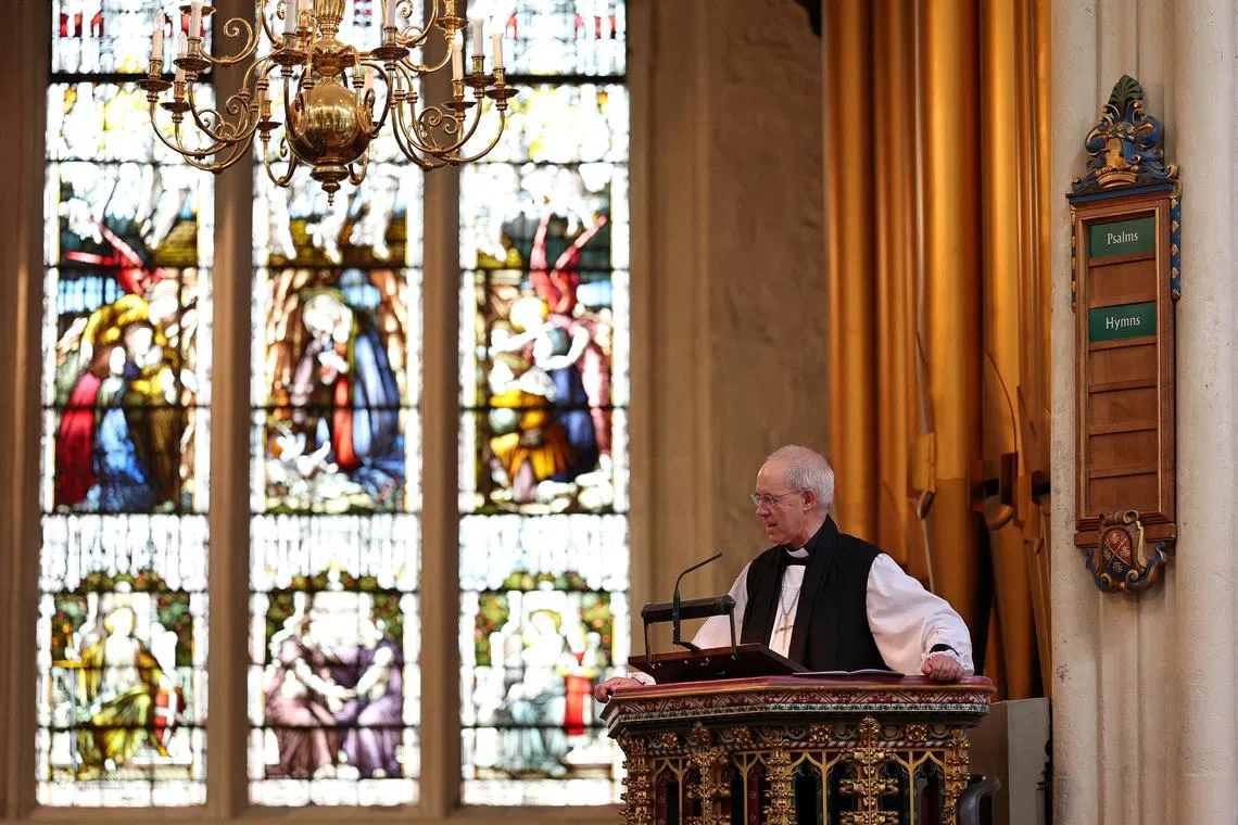 FILE PHOTO: Archbishop of Canterbury Justin Welby speaks during a service for the new parliament at St Margaret's Church, Westminster Abbey, in London, Britain July 23, 2024. ADRIAN DENNIS/Pool via REUTERS/File Photo