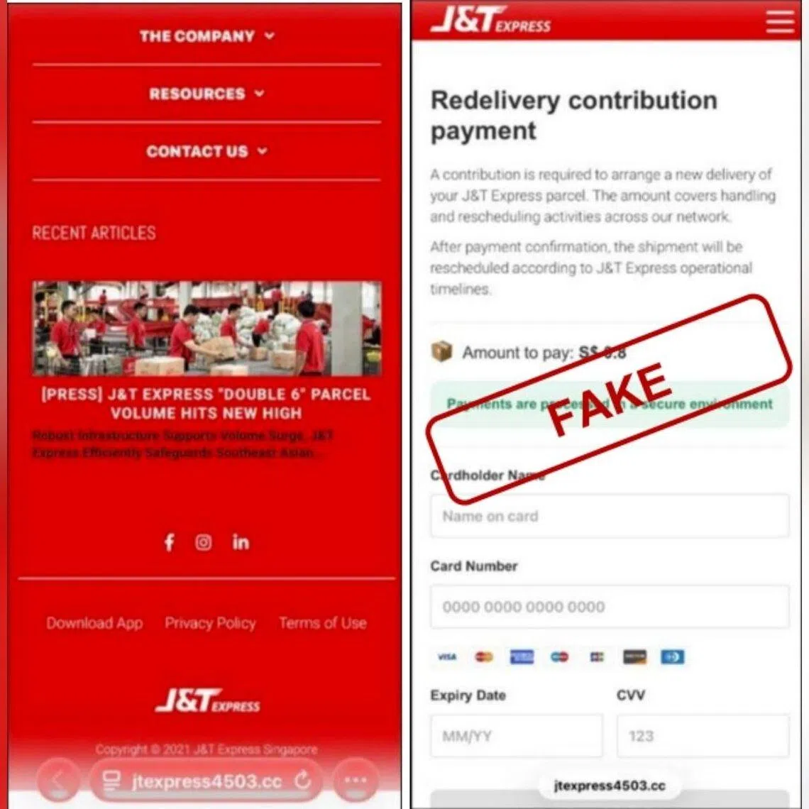 In these scams, victims received messages or e-mails that seemed to come from couriers such as Ninja Van and J&T Express, and were redirected to a fake website resembling the couriers’ official pages.