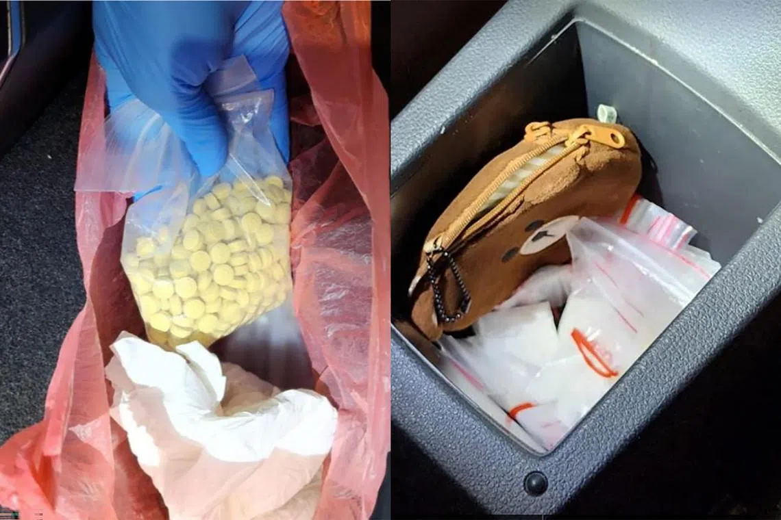 Controlled drugs including ‘Ice’ and ‘Ecstasy’ tablets were seized from the vehicle in the vicinity of Selegie Road in a CNB operation on March 31.
