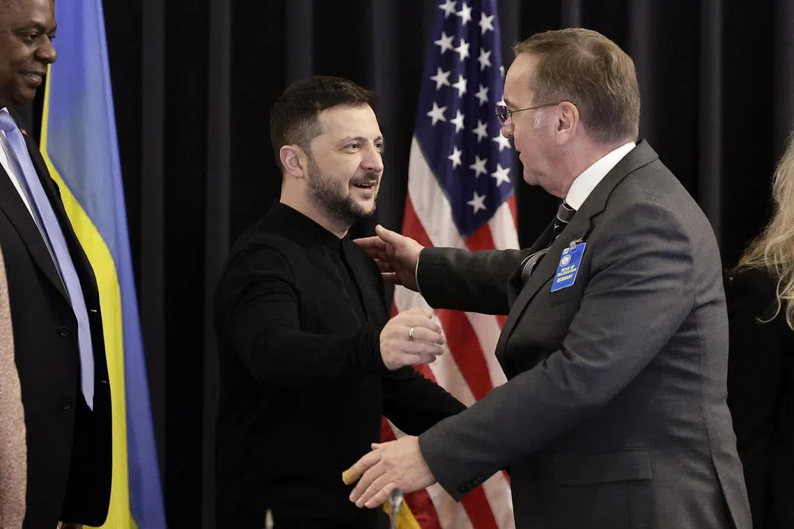 German Defence Minister Boris Pistorius (right) welcoming Ukrainian President Volodymyr Zelensky, during the Jan 9 meeting of Ukraine Defence Contact Group, at the US Air Base in Ramstein, Germany.