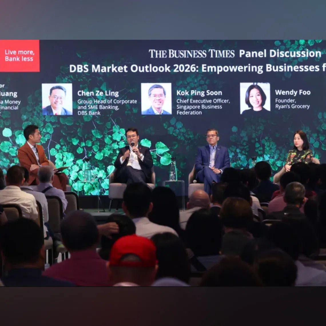 (From left) Money FM 89.3 presenter Ryan Huang, who moderated the panel, DBS group head of corporate and SME banking Chen Ze Ling, SBF CEO Kok Ping Soon, Ryan's Grocery founder Wendy Foo and Far East Flora deputy group managing director Ryan Chioh.