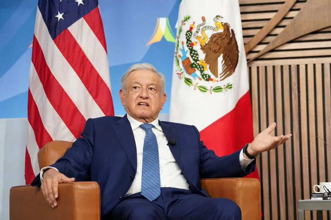 FILE PHOTO: Mexican President Andres Manuel Lopez Obrador gestures during his meeting with U.S. President Joe Biden (not pictured), on the sidelines of the Asia-Pacific Economic Cooperation (APEC) summit in San Francisco, California, U.S. November 17, 2023. REUTERS/Kevin Lamarque