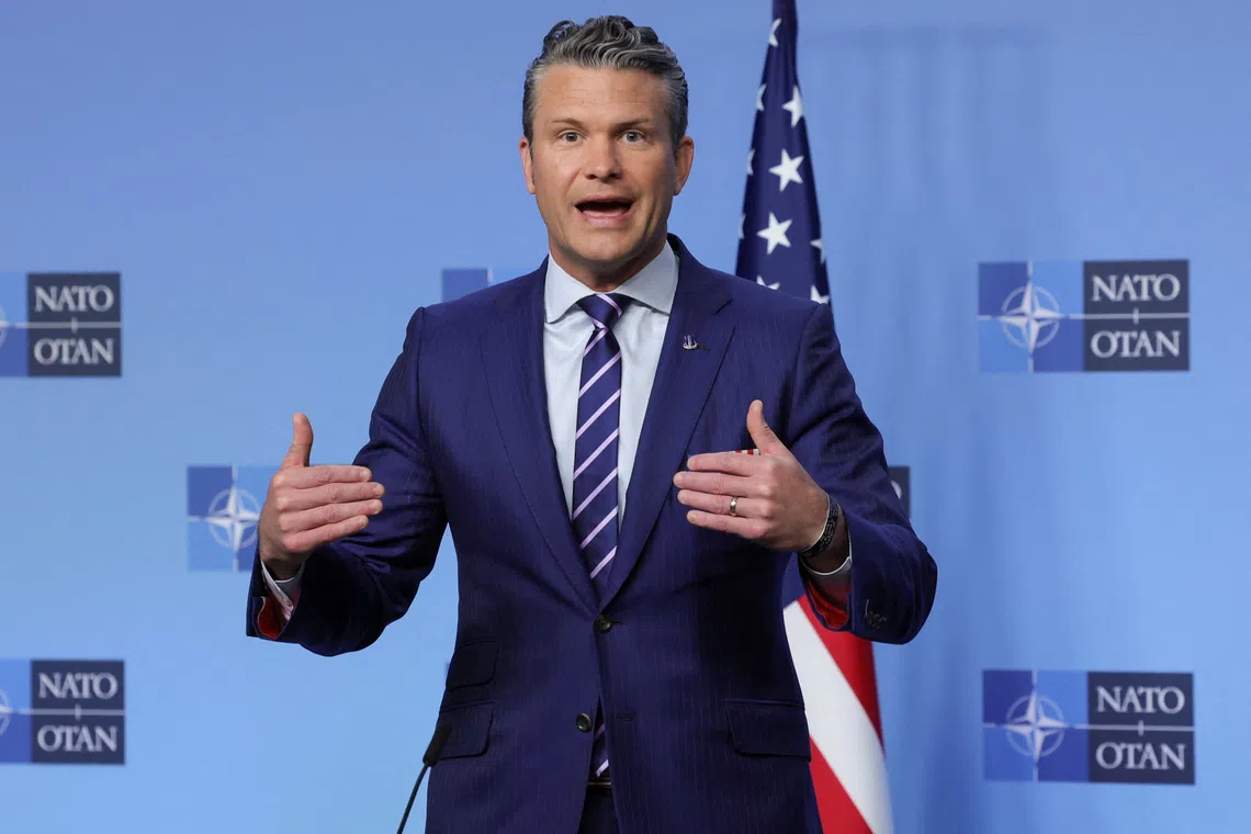 U.S. Secretary of Defense Pete Hegseth speaks as he gives an address on the day of a meeting of NATO Defence Ministers at the Alliance headquarters in Brussels, Belgium October 15, 2025. REUTERS/Yves Herman