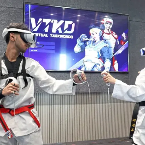 In VR taekwondo, fighters gear up with headsets, motion sensors and ­joysticks to take down their opponents in a virtual arena.