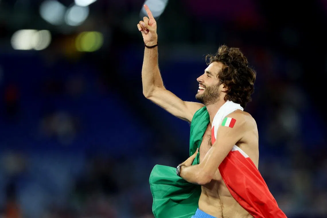FILE PHOTO: Athletics - European Athletics Championships - Stadio Olimpico, Rome, Italy - June 11, 2024 Italy's Gianmarco Tamberi celebrates after winning the men's high jump final REUTERS/Manon Cruz/File Photo