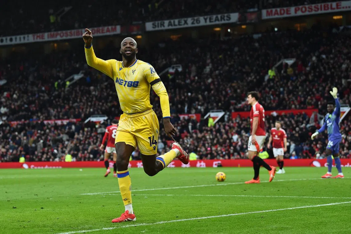 Crystal Palace's Jean-Philippe Mateta celebrating after scoring his and his team's second goal in their 2-0 English Premier League win over Manchester United at Old Trafford on Feb 2.