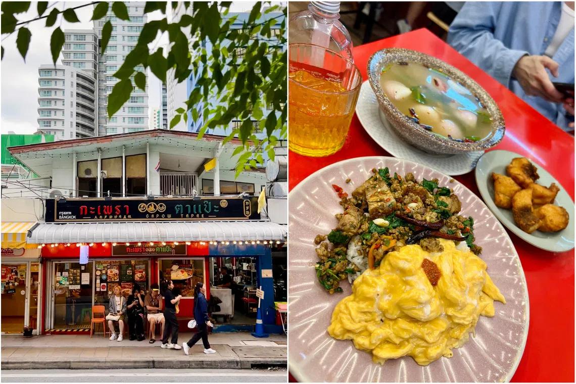 Customers seated outside the Gapow Tapae shophouse eatery near Terminal 21, which is known for pad krapow or meat stir-fried with holy basil.