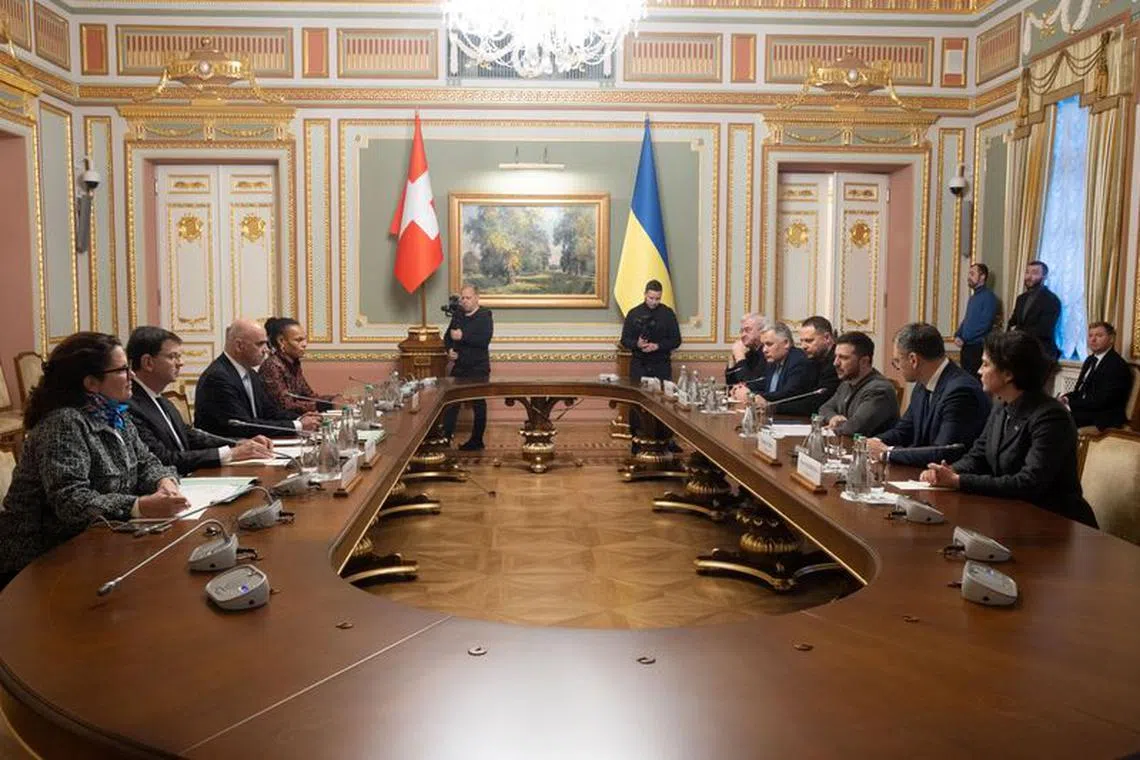 Ukraine's President Volodymyr Zelenskiy and Swiss President Alain Berset attend a meeting, amid Russia's attack on Ukraine, in Kyiv, Ukraine Nov 25, 2023. Ukrainian Presidential Press Service/Handout via REUTERS