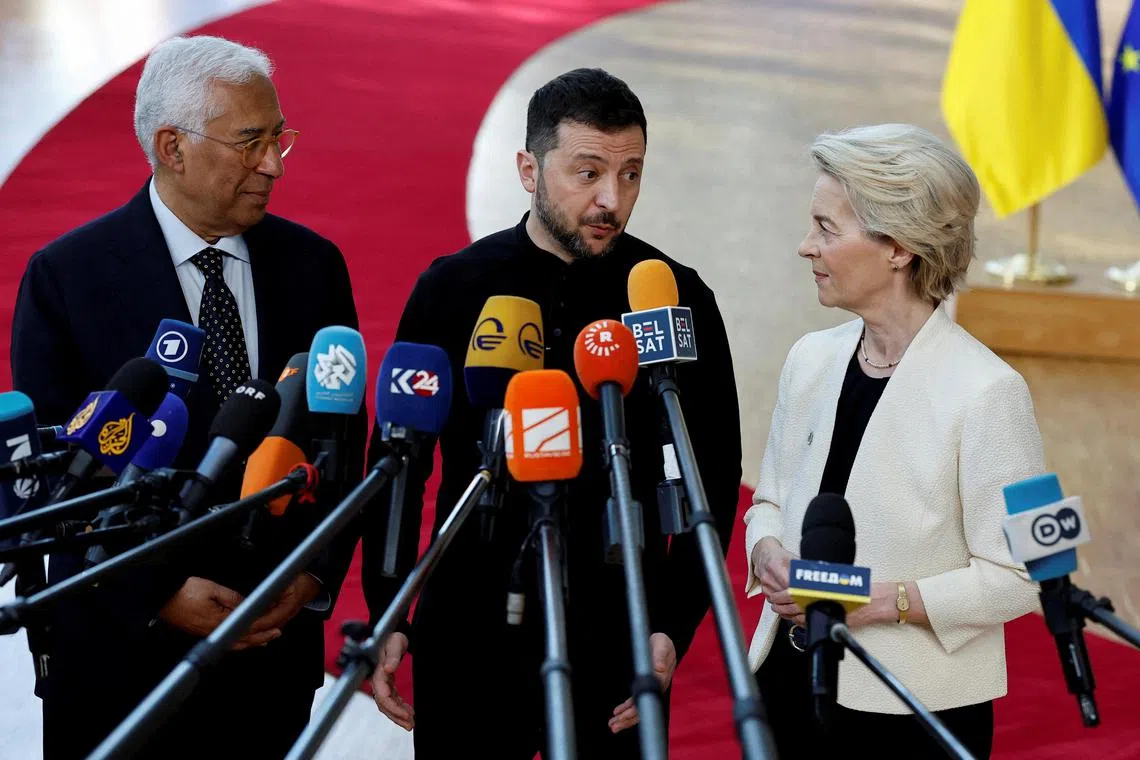 Ukrainian President Volodymyr Zelensky (centre), with European Council president Antonio Costa (left) and European Commission president Ursula von der Leyen, at an EU summit to discuss the defence of Ukraine and Europe, in Brussels, on March 6.