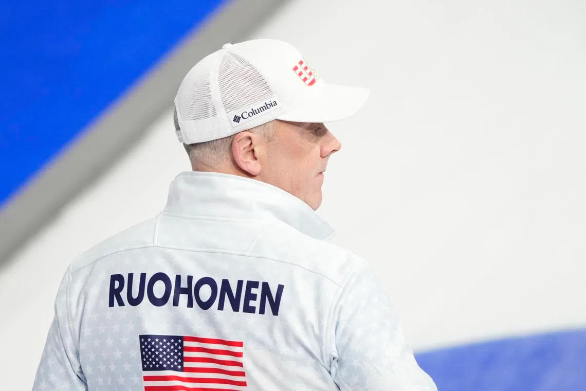 Feb 13, 2026; Cortina d'Ampezzo, Italy; Rich Ruohonen of the United States looks on during a men's round robin game during the Milano Cortina 2026 Olympic Winter Games at Cortina Curling Olympic Stadium. Michael Madrid-Imagn Images