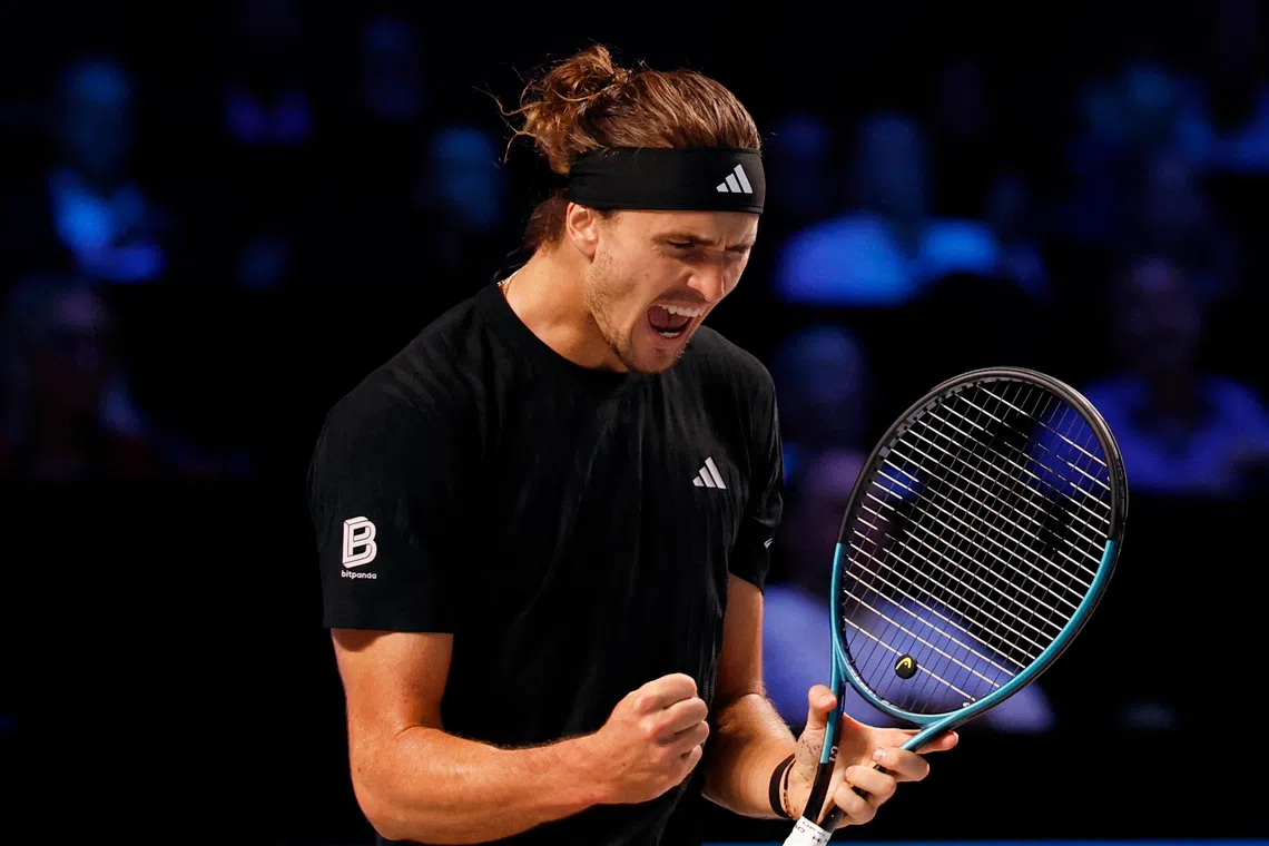 Tennis - ATP 500 - Vienna Open - Wiener Stadthalle, Vienna, Austria - October 23, 2025 Germany's Alexander Zverev reacts during his round of 16 match against Italy's Matteo Arnaldi REUTERS/Lisa Leutner